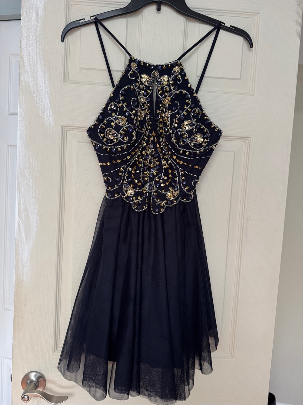 Blondie Nites Black Halter Party Dress with Gold Beading
